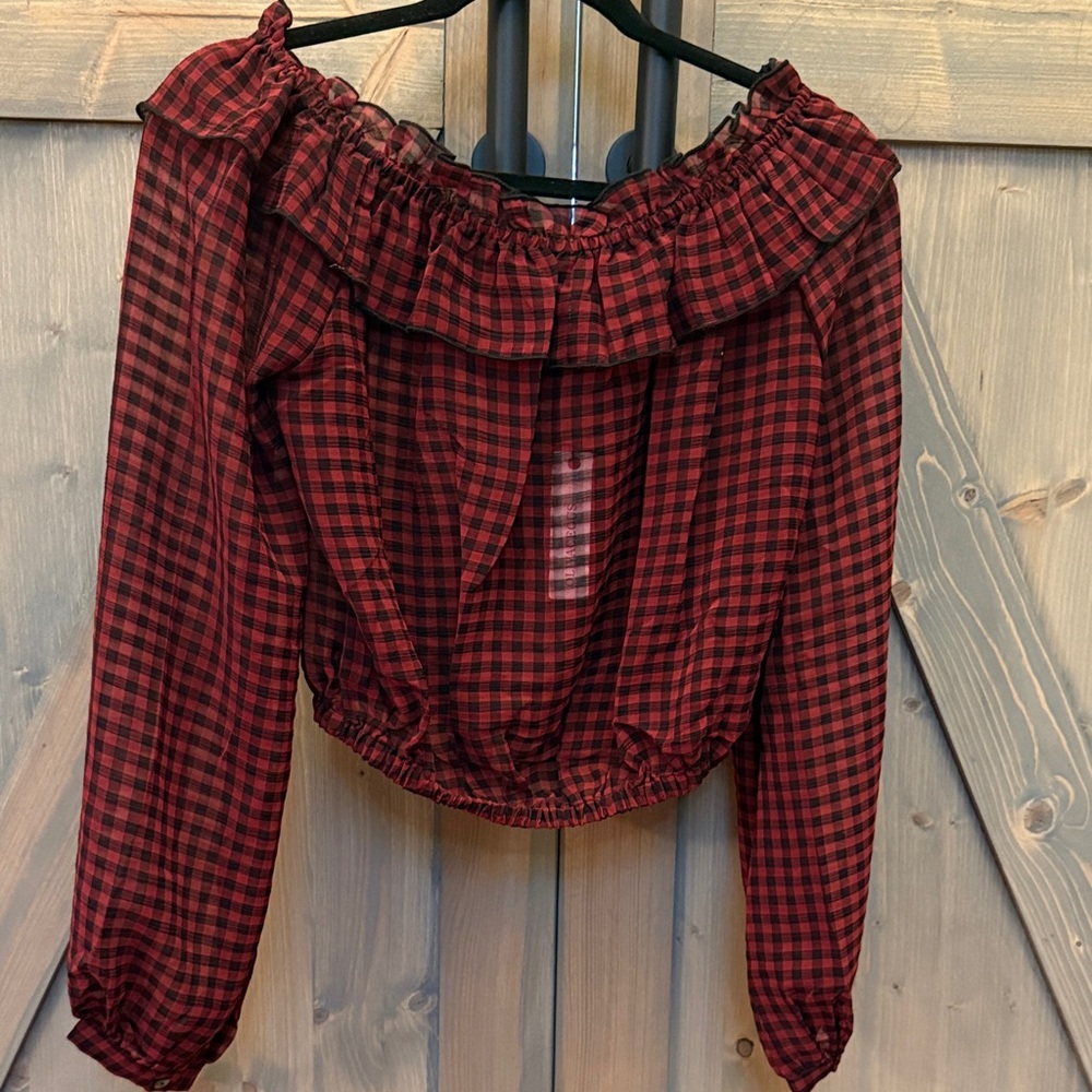 Olivaceous Red Checkered Off-Shoulder Blouse